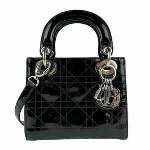 Christian Dior Lady 2way Shoulder Bag Patent Vernis leather black silver